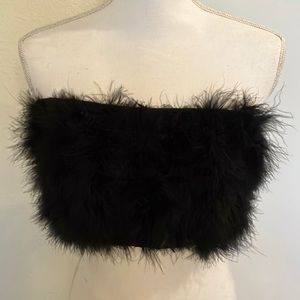 🖤🦅Black Genuine Bird Feather Cropped Tube Top W/Zipper Back & Elastic Sz XL